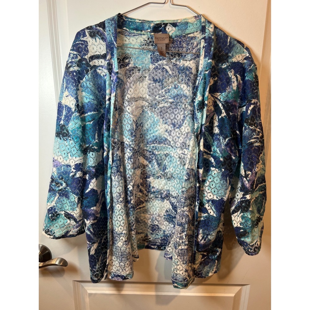 Easywear by Chico's Women Cardigan Floral Lace Knit Blue Size 1
